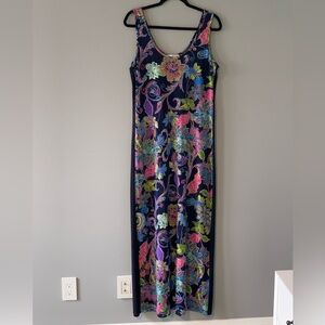 PapillonBlanc Floral Maxi Dress - navy back with multicolour print. Scoop neck.